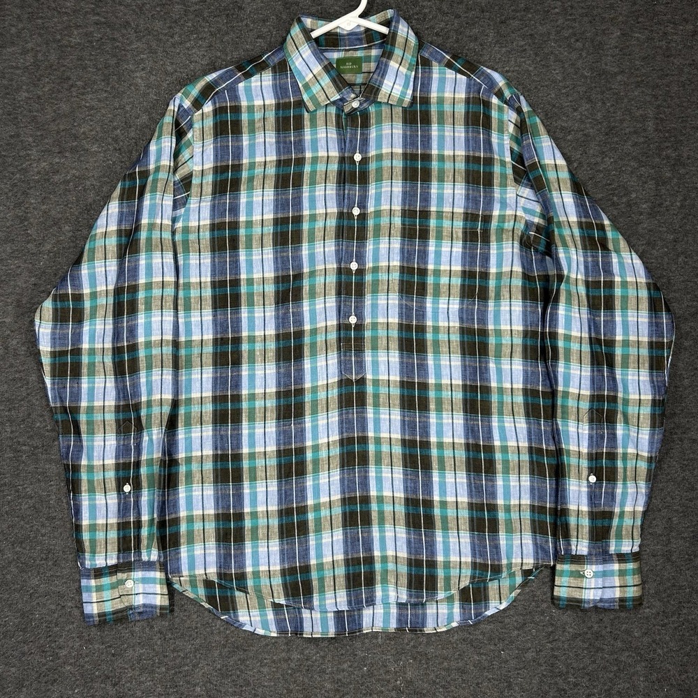 Sid Mashburn Popover Shirt Mens M Blue Green Plaid 100% Linen Preppy